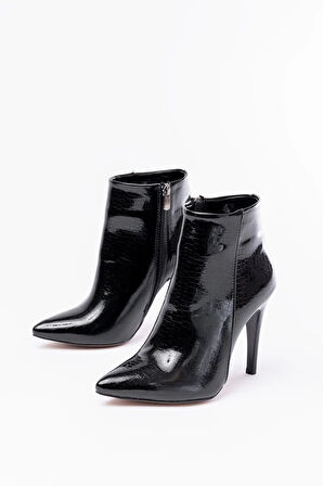 Siyah Kroko Yüksek İnce Topuklu Fermuarlı Kadın Bot