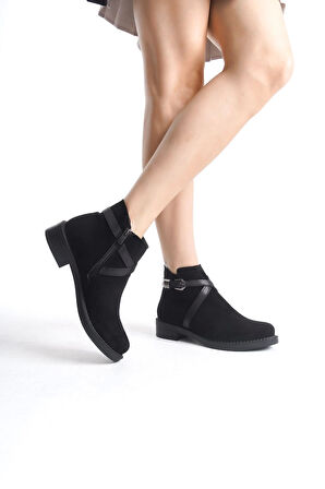Almıla Fermuarlı Lastikli Ortopedik Taban Topuklu Süet Kadın Bot St - Siyah