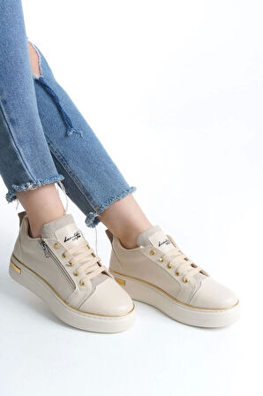 Dına Bağcıklı Fermuarlı Ortopedik Taban Kadın Sneaker Spor Ayakkabı  Kt - Krem/altın