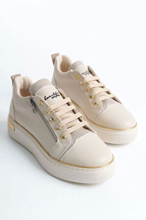 Dına Bağcıklı Fermuarlı Ortopedik Taban Kadın Sneaker Spor Ayakkabı  Kt - Krem/altın
