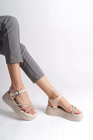 Eva Kalın Tokalı Taşlı Şeritli Ortopedik Taban Kadın Sandalet  Kt - Krem