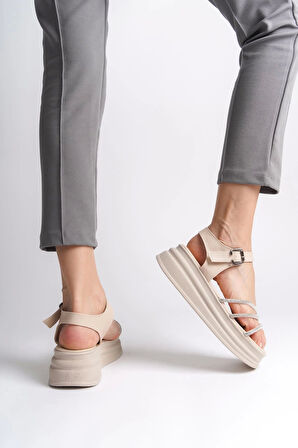 Eva Kalın Tokalı Taşlı Şeritli Ortopedik Taban Kadın Sandalet  Kt - Krem