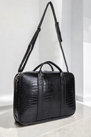 Unisex Lüx Macbook Organizer 15.6-16" İnç Kroko Siyah Laptop Evrak Çantası