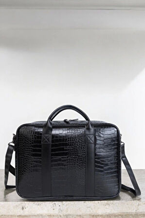 Unisex Lüx Macbook Organizer 15.6-16" İnç Kroko Siyah Laptop Evrak Çantası