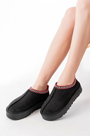 Siyah Süet İçi Kürklü Kışlık Kapalı Burun Kadın Günlük Terlik