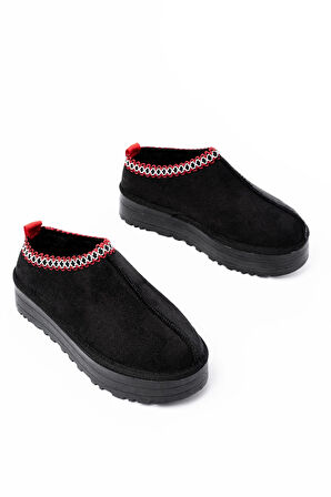 Siyah Süet İçi Kürklü Kışlık Kapalı Burun Kadın Günlük Terlik