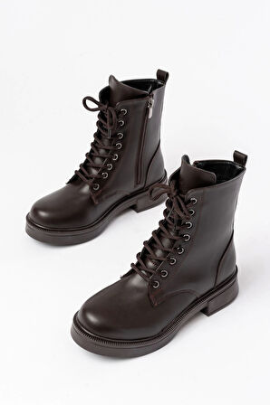 Kahve Düz Topuklu Bağcıklı Fermuarlı Günlük Kadın Bot