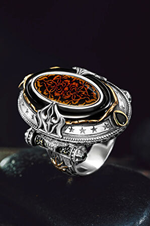 Erkek Gümüş Yüzük - Kehribar Taşlı Özel Tasarım Erkek Yüzük Zihgir