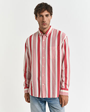 GANT Erkek Kırmızı Relaxed Fit Düğmeli Yaka Çizgili Gömlek