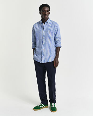 GANT Erkek Lacivert Regular Fit Düğmeli Yaka Çizgili Keten Gömlek