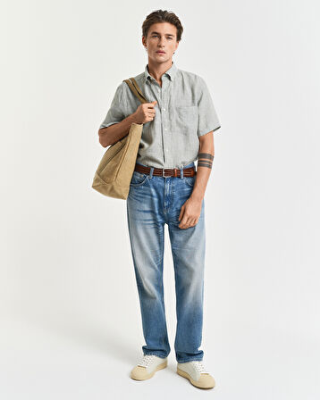 GANT Erkek Yeşil Regular Fit Düğmeli Yaka Keten Gömlek