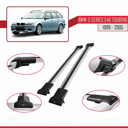 BMW 3 Serisi (E46) Touring 1999-2005 Arası ile Uyumlu FLY Model Ara Atkı Tavan Barı Gri 2 Adet