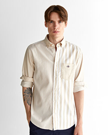 GANT Erkek Bej Regular Fit Düğmeli Yaka Çizgili Gömlek
