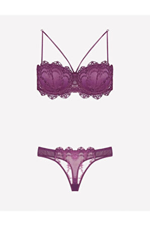 Meba Kadın Kırmızı Telli Dantelli Slip Destekli Push-up Sütyen Takım 4591