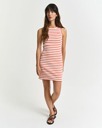 GANT Kadın Turuncu Slim Fit Bisiklet Yaka Çizgili Elbise