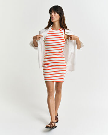 GANT Kadın Turuncu Slim Fit Bisiklet Yaka Çizgili Elbise