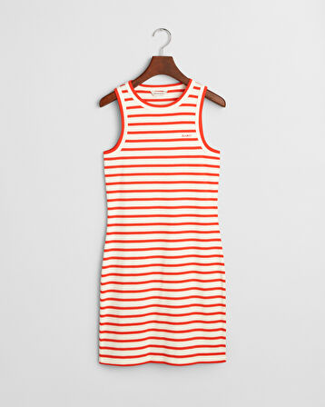 GANT Kadın Turuncu Slim Fit Bisiklet Yaka Çizgili Elbise