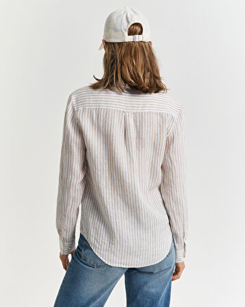 GANT Kadın Bej Regular Fit Klasik Yaka Çizgili Keten Gömlek