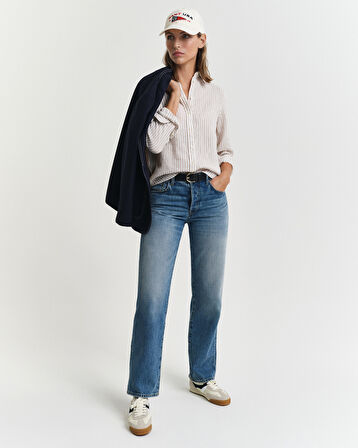 GANT Kadın Bej Regular Fit Klasik Yaka Çizgili Keten Gömlek