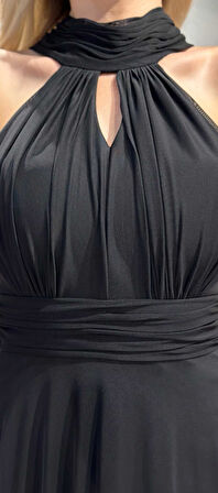 Siyah Sırt Dekolteli  Kloş Etekli Tül Uzun Abiye Elbise 6034