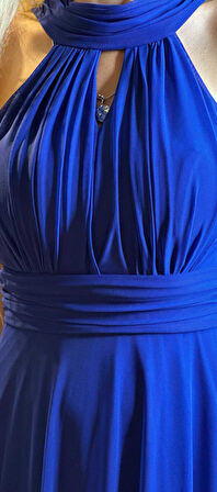 Saks Sırt Dekolteli  Kloş Etekli Tül Uzun Abiye Elbise 6034
