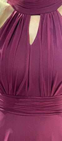 Vişne Renk Sırt Dekolteli  Kloş Etekli Tül Uzun Abiye Elbise 6034