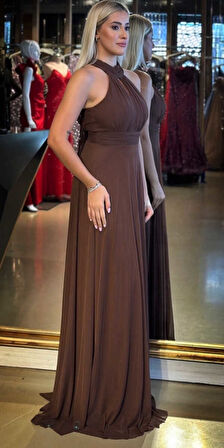 Kahverengi Sırt Dekolteli  Kloş Etekli Tül Uzun Abiye Elbise 6034