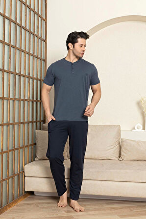 Erkek 3 Düğmeli %100 Pamuk Yazlık Kısa Kol Cepli Pijama Takımı