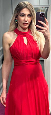 Kırmızı Sırt Dekolteli Kloş Etekli Tül Uzun Abiye Elbise 6034