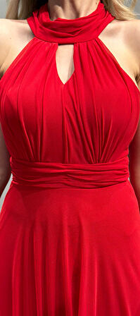 Kırmızı Sırt Dekolteli Kloş Etekli Tül Uzun Abiye Elbise 6034