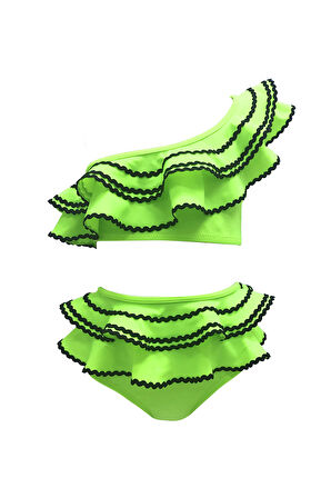 Tek Omuz Su Taşı Detaylı Büyük Fırfırlı Yeşil 50UV Kız Çocuk Bikini Takımı BY NESSI BYRD