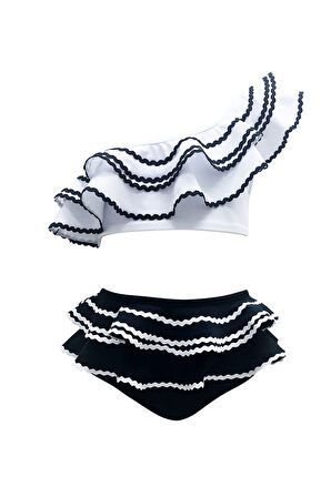 Tek Omuz Su Taşı Detaylı Büyük Fırfırlı Beyaz/siyah 50 UV Kız Çocuk Bikini Takımı BY NESSI BYRD
