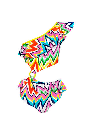 Tek Omuz Zig-Zag Desenli Cut-Out Halka Detaylı 50UV Kız Çocuk Mayo by Nessi Byrd