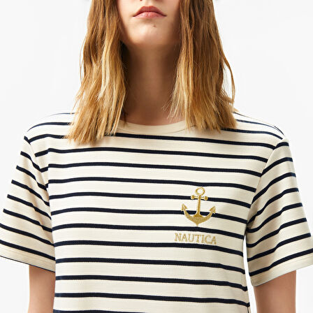 Nautica Kadın Beyaz Regular Fit Çizgili Elbise