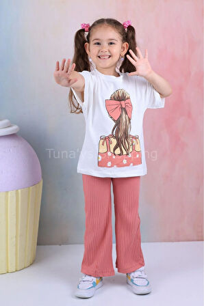 İspanyol Paça Fitilli Tayt Oversize Baskılı T-shirt Kız Çocuk Takım (QOxtr5yAbV)