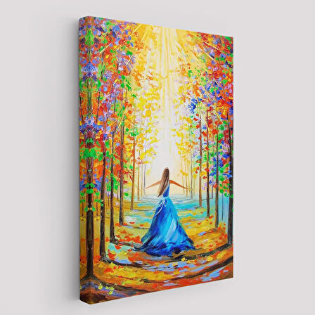 Renkli Ormanda Yürüyen Mavi Elbiseli Kadın Tablosu-6039