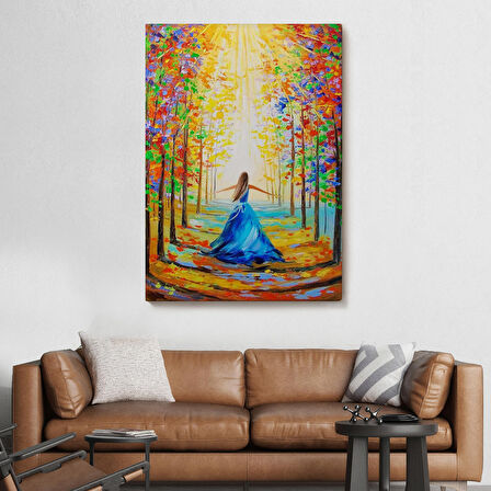 Renkli Ormanda Yürüyen Mavi Elbiseli Kadın Tablosu-6039