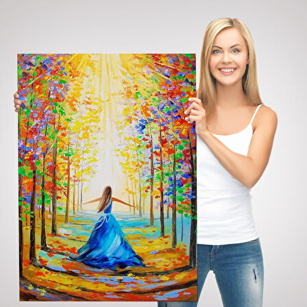 Renkli Ormanda Yürüyen Mavi Elbiseli Kadın Tablosu-6039