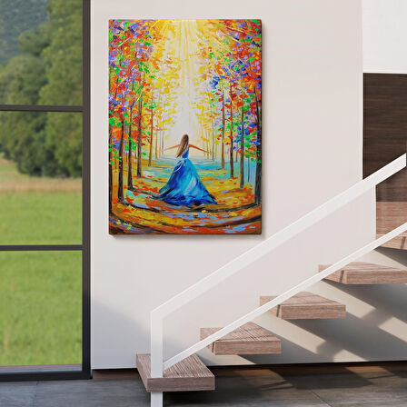 Renkli Ormanda Yürüyen Mavi Elbiseli Kadın Tablosu-6039