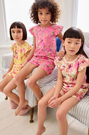 Next Baby % 100 Pamuklu Pembe Çiçekli Şortlu 3’lü Alt Üst Takım