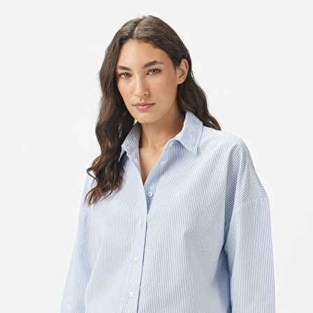 Nautica Kadın Mavi Regular Fit Çizgili Gömlek