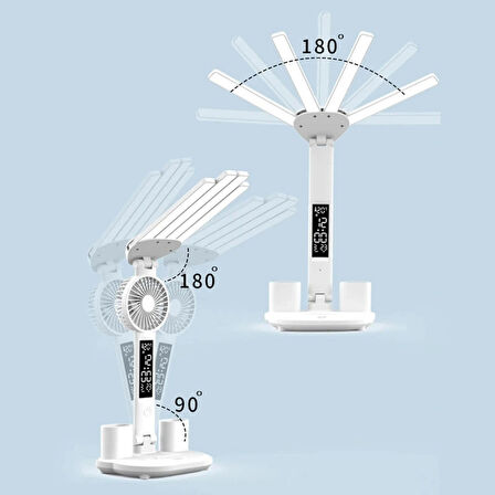 Monozone Fanlı Masa Lambası 7w Şajlı Saat Takvim Dereceli Masa Lambası Kalemlik ve Telefon Tutuculu 