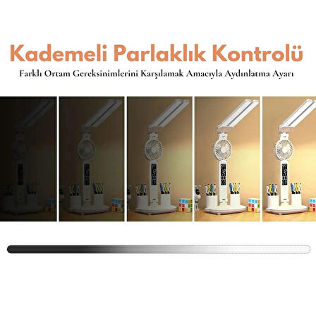 Monozone Çok Fonksiyonlu Fanlı Masa Lambası Saat+Tarih+Derece+Kalemlik+Telefon Stand Şarjlı Lamba