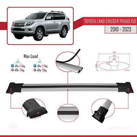 Toyota Land Cruiser Prado (J150) 2010-2023 Arası ile Uyumlu FLY Model Ara Atkı Tavan Barı Gri 2 Adet