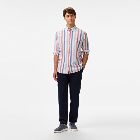Nautica Erkek Kırmızı Classic Fit Çizgili Gömlek