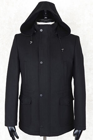 JANCARLUCCİ  Erkek Dizüstü Slimfit Çıkarılabilir  Kapüşonlu Torba Cep Fermuarlı Astarlı  Kaşe Kaban 