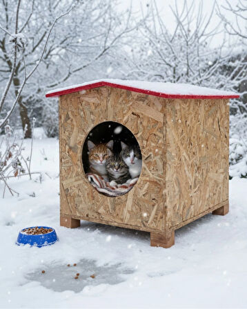 Reyo Kedi Evi Dış Ortam Uygun Ahşap Kedi Evi OSB 39x37x34 cm CAT08
