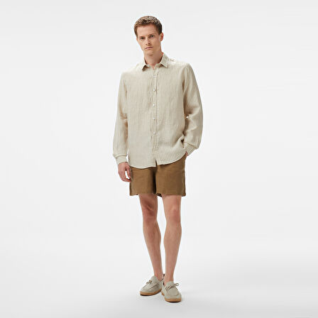 Nautica Erkek Bej Classic Fit Çizgili Keten Gömlek