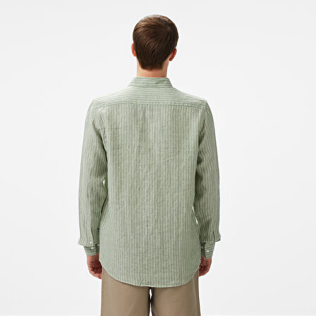 Nautica Erkek Yeşil Classic Fit Çizgili Keten Gömlek