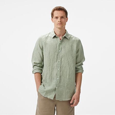 Nautica Erkek Yeşil Classic Fit Çizgili Keten Gömlek